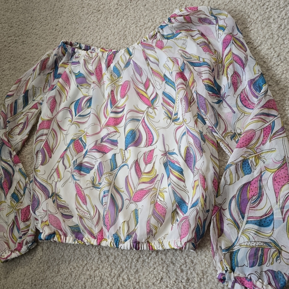 🌈 GIRLS 7/8 Place Vibrant Feather Pattern Top